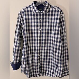 Bugatchi Shaped Fit Men’s Button Down Shirt, Blue/White Checkered Cotton; Size L